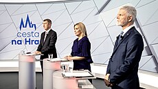 Debata prezidentských kandidát na Nov. Zleva Andrej Babi, Danue Nerudová,...