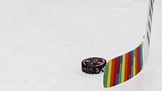 PRIDE NIGHT. Duhovou páskou si gólmanskou hl obvázal Darcy Kuemper z...