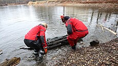 Archeologové spolu s potápi vyzvedli z rybníku kusy vydlabané lod nalezené...