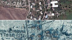 Satelitní snímek kol a budov v jiním Soledaru na Ukrajin. Snímek z 1. srpna...