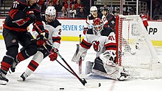 Branká Vítek Vanek kontroluje puk v zápase proti Carolin.