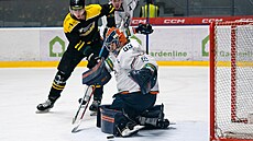 Hokejová 1. liga, litom��ický branká� Tomá� Král zasahuje betonem proti akci...