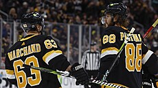 David Pastrňák (88) a Brad Marchand (63) slaví gól Boston Bruins.