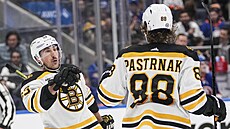 Brad Marchand (vlevo) a David Pastrňák slaví gól Boston Bruins.