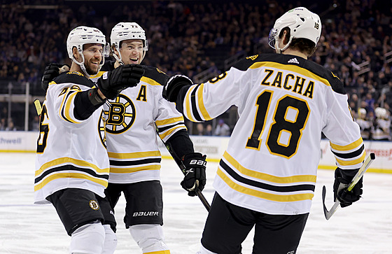 David Krejí, Charlie McAvoy a Pavel Zacha (zleva) oslavují gól Boston Bruins.