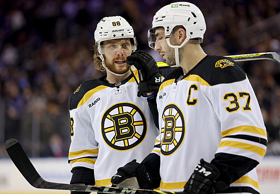 David Pastrák (vlevo) a Patrice Bergeron z Boston Bruins