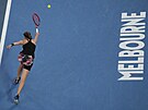 Jelena Rybakinová se marn natahuje za míkem ve finále enské dvouhry na...
