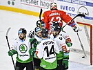 Hokejisté Mladé Boleslavi se radují z úvodní branky v utkání proti Olomouci.