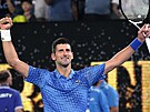 Novak Djokovi se raduje z postupu do finále Australian Open.