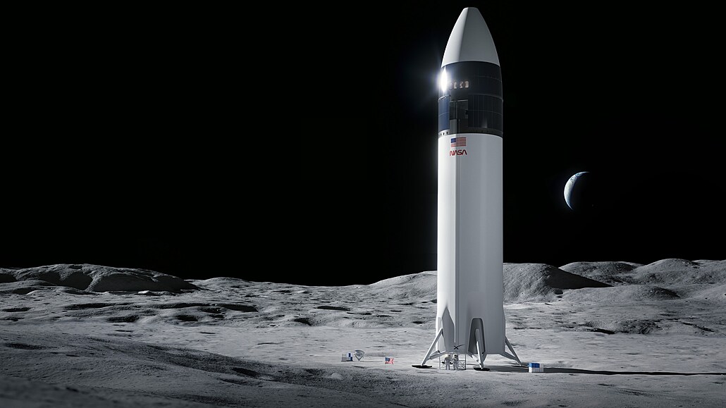 Ilustrace ukazuje po pistání na Msíci hvzdnou lo SpaceX HLS, která má být...