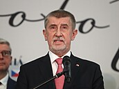 Andrej Babiš při tiskové konferenci k výsledkům voleb ve svém štábu. (28. ledna...