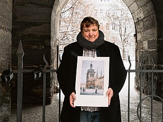 Pekárna. Malíř Václav Jansa zvěčnil Svatopetrskou zvonici s vývěsním štítem...