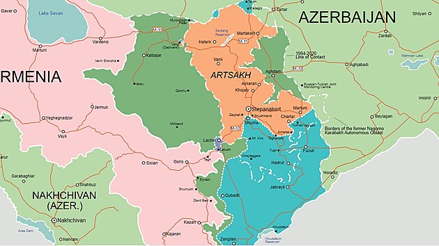 Mapa Nhornho Karabachu po vlce v roce 202. Oranov: zem pod kontrolou...