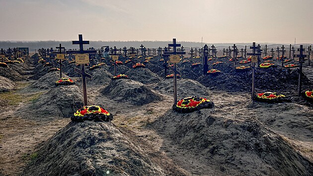 Hřbitov vagnerovců u vesnice Bakinskaja v Krasnodarské oblasti (22. ledna 2023)
