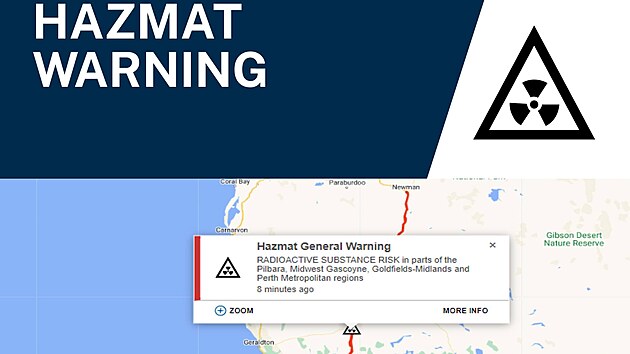 Mapa s varovnm o radioaktivnm materilu od australskch ad ve spojen s hasiskm sborem (28. ledna 2023)
