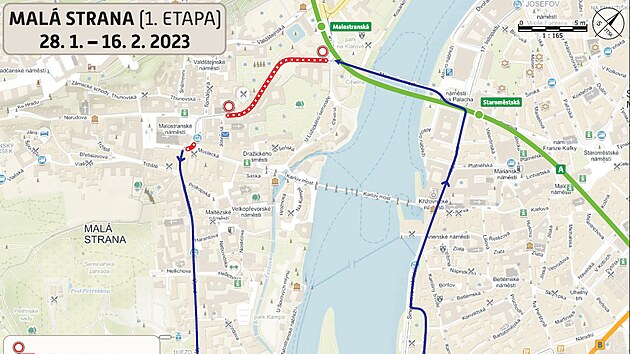 Mapa prvn etapy opravy tramvajov trat na Mal Stran