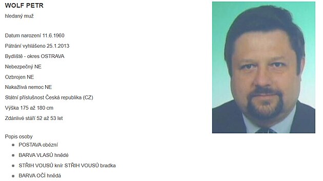 Petr Wolf v databzi hledanch osob Policie R