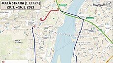 Mapa první etapy opravy tramvajové tratě na Malé Straně