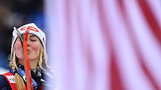 Mikaela Shiffrinová se raduje po druhém kole slalomu ve Špindlerově Mlýně.