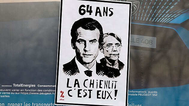 Francouzi protestují proti zákonu, který zvyšuje hranici pro odchod do důchodu. Fotografie plakátu pochází z Paříže. (31. ledna 2023)