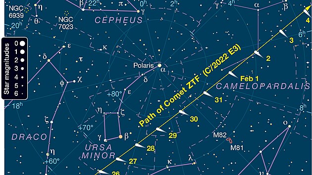 Cesta komety C/2022 E3 (ZTF) noční oblohou