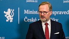 Premiér Petr Fiala na tiskové konferenci po bilanční návštěvě ministerstva...