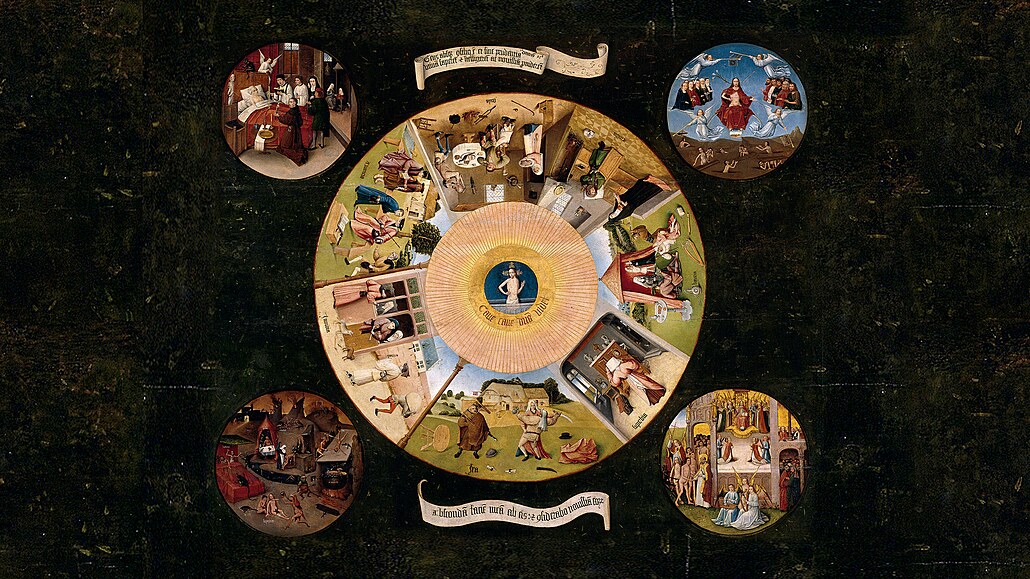 Slavný obraz Hieronyma Bosche Sedm smrtelných hích z roku 1485. Jsou...