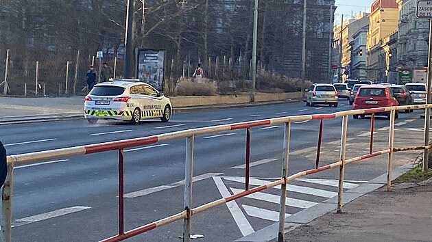 Policist na praskm I. P. Pavlova zastavili cyklistu portugalsk nrodnosti. Ten stkal barvu na silnici na protest proti chybjcmu pruhu pro kola. (9. nora 2023)