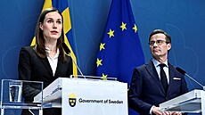 Finská premiérka Sanna Marinová na náv�t�v� �védska. S �védským premiérem Ulfem...