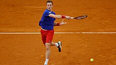 Český tenista Jiří Lehečka v duelu Davisova poháru s  Portugalcem Nunem...