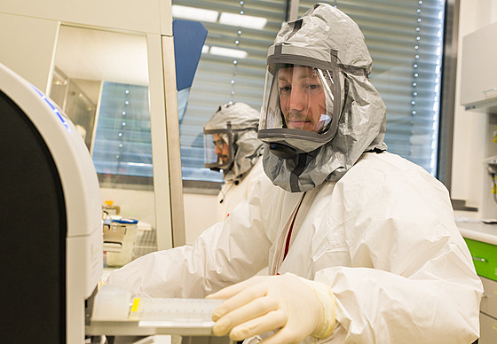 Virologové z Biologického centra AV R testují protilátky proti viru SARS-CoV-2 v laboratoi s vysokým stupnm zabezpeení BSL-3.