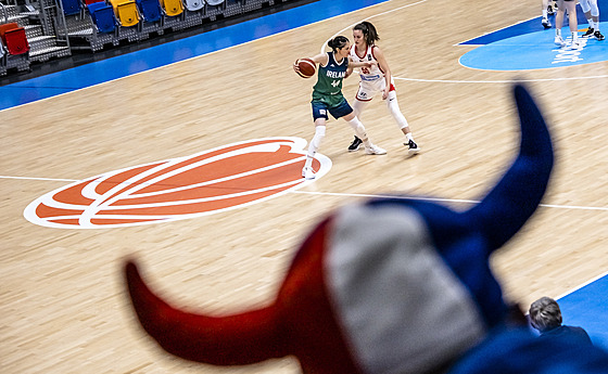 eská basketbalistka Simona Sklenáová (vpravo) brání v zápase s Irskem.