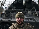 Ukrajinský voják na front poblí Bachmutu (9. února 2023)