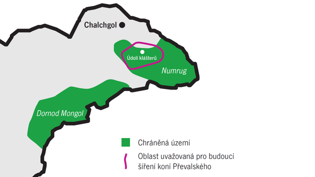 Mapa zobrazuje dol klter (Smn chloj)  lokalitu vybranoupro chystanou reintrodukci kon Pevalskho na vchod Mongolska.