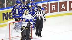 védové slaví gól proti Finsku na védských hokejových hrách.