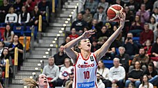eská basketbalistka Elika Hamzová zakonuje v zápase s Nizozemskem v...