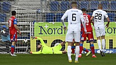 Plzeský branká Jindich Stank inkasuje gól v utkání proti Slovácku.
