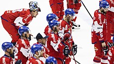 Zklamaní etí hokejisté po poráce 1:6 s Finskem na EHT ve védsku.