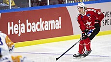 výcarský kapitán Michael Fora s pukem na holi v utkání védských hokejových her