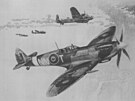 Emil Bo�ek (v pop�ed�) jako leteck� doprovod na dobov� kresb�.