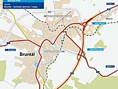 Zobrazení východního obchvatu Bruntálu na mapce editelství silnic a dálnic