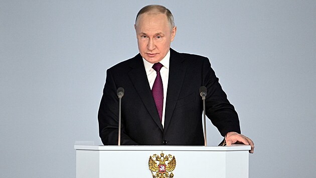 Rusk prezident Vladimir Putin pi projevu k prvnmu vro vpdu na Ukrajinu (21. nora 2023)