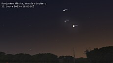 Konjunkce Měsíce, Venuše a Jupiteru 22. února 2023 v 18:00 SEČ