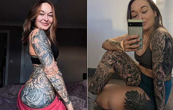 Tetováním si ena nechala pokrýt víc ne plku tla, aby zakryla nedokonalosti.