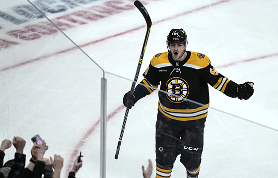 Jakub Lauko z Boston Bruins slaví svj gól.