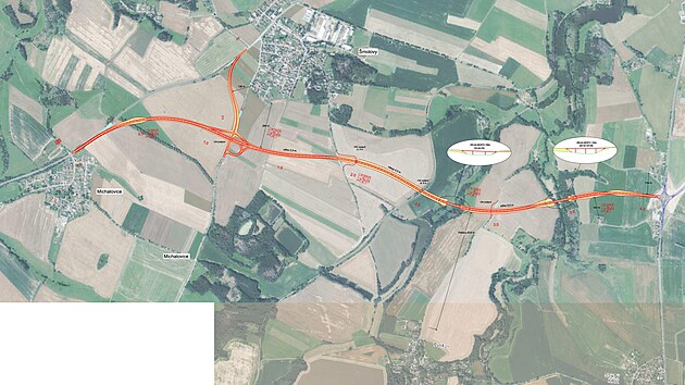 Varianta 5. trasy havlkobrodskho jihozpadnho obchvatu, jak ji navrhl projektant. Pestoe od nejblich dom spadajcch pod Lpu by silnice vedla vce ne 800 metr, obec ji odmt. Na map je vpravo vidt kruhov objezd u Selsk jizby na silnici 38, dva mosty, mimorovov kiovatka a vlevo i napojen na silnici 34 u Michalovic.
