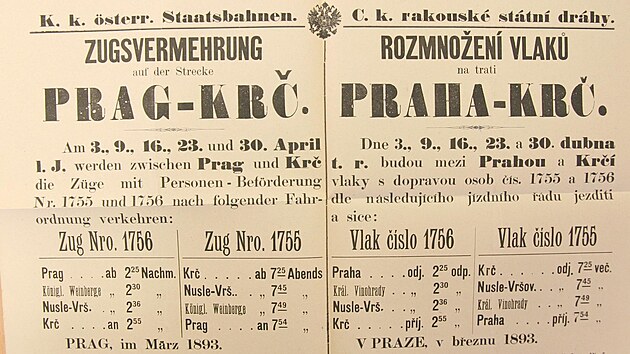 Informační leták o mimořádných jízdách mezi Prahou a Krčí v dubnu 1883