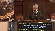 Poslanec SPD Vladimír Zlínský pi vystoupení v Poslanecké snmovn k niímu...