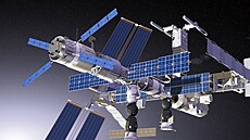Ilustrace ATV-1 pipojené k ISS