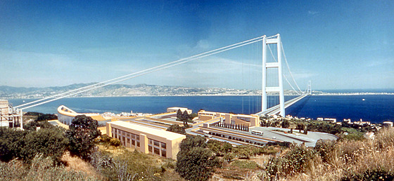 Vizualizace mostu, jen italská vláda plánuje postavit mezi Sicílií a italskou...